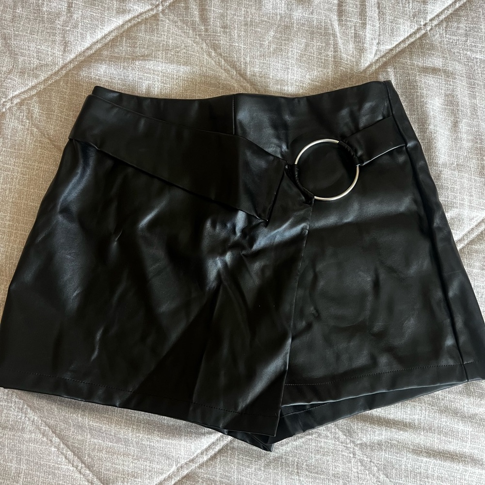 Black Faux Leather Skort with Silver Ring Detail